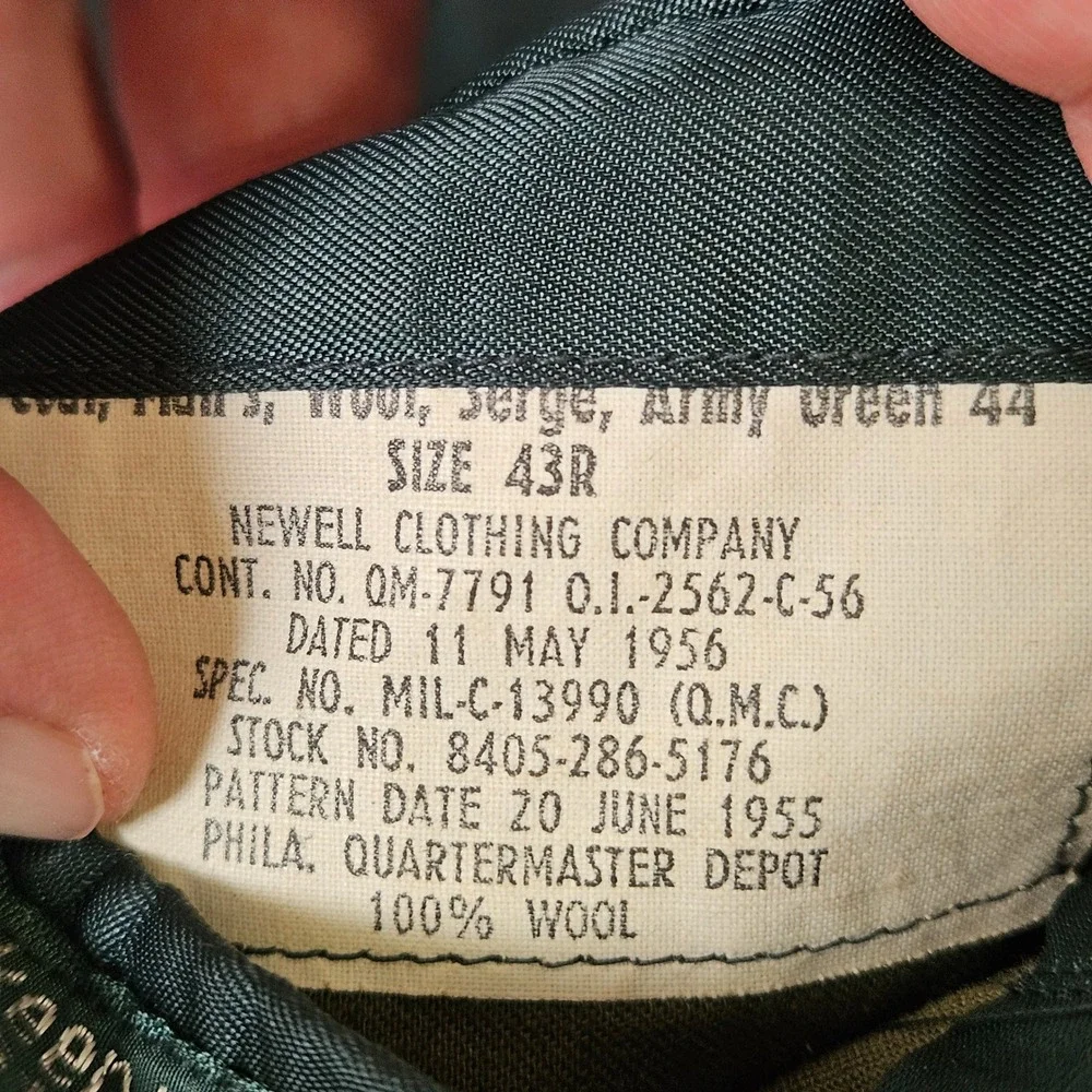 Vtg 1956 US Army Green 44 Wool Serge Dress Uniform Jacket 43R Newell Clothing